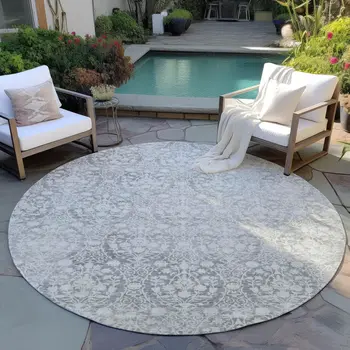 8' Gray Round Damask Washable Indoor Outdoor Area Rug
