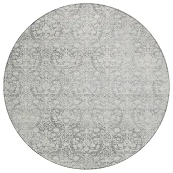8' Gray Round Damask Washable Indoor Outdoor Area Rug
