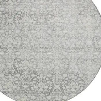 8' Gray Round Damask Washable Indoor Outdoor Area Rug