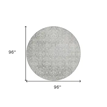 8' Gray Round Damask Washable Indoor Outdoor Area Rug