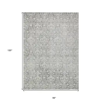 8' X 10' Gray Damask Washable Indoor Outdoor Area Rug
