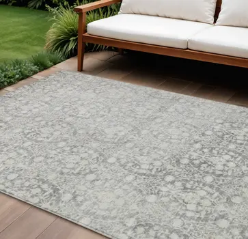 8' X 10' Gray Damask Washable Indoor Outdoor Area Rug