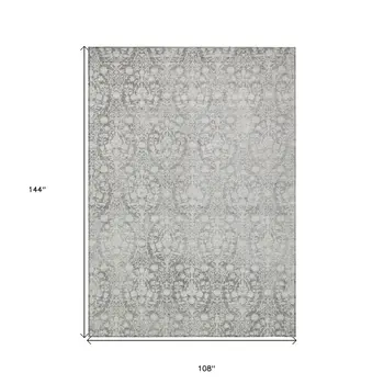 9' X 12' Gray Damask Washable Indoor Outdoor Area Rug