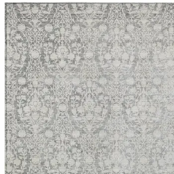 9' X 12' Gray Damask Washable Indoor Outdoor Area Rug