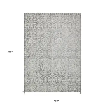 10' X 14' Gray Damask Washable Indoor Outdoor Area Rug