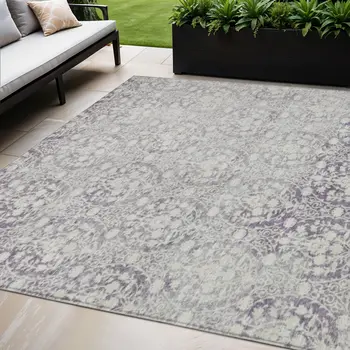 5' X 8' Plum Damask Washable Indoor Outdoor Area Rug