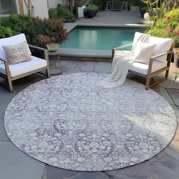 8' Plum Round Damask Washable Indoor Outdoor Area Rug