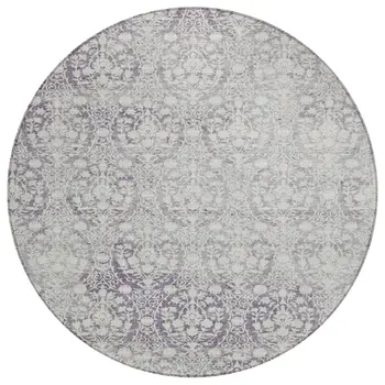 8' Plum Round Damask Washable Indoor Outdoor Area Rug