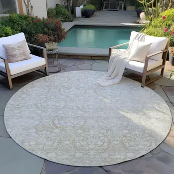 8' Tan Round Damask Washable Indoor Outdoor Area Rug
