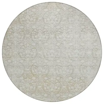 8' Tan Round Damask Washable Indoor Outdoor Area Rug