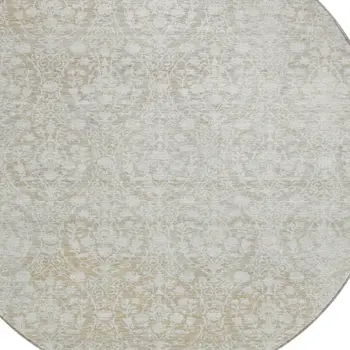 8' Tan Round Damask Washable Indoor Outdoor Area Rug