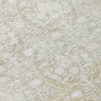 8' Tan Round Damask Washable Indoor Outdoor Area Rug