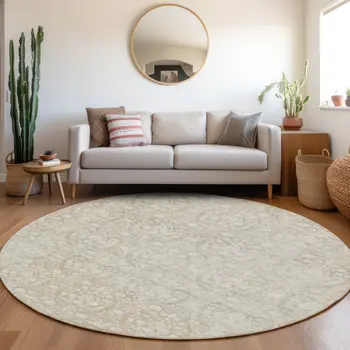 8' Tan Round Damask Washable Indoor Outdoor Area Rug