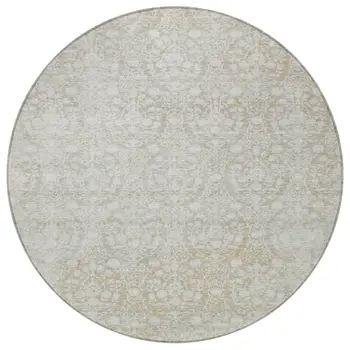 8' Tan Round Damask Washable Indoor Outdoor Area Rug