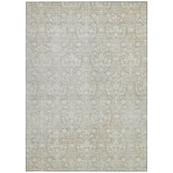 9' X 12' Tan Damask Washable Indoor Outdoor Area Rug