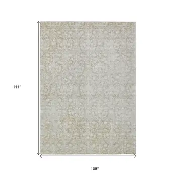 9' X 12' Tan Damask Washable Indoor Outdoor Area Rug