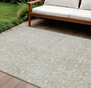 9' X 12' Tan Damask Washable Indoor Outdoor Area Rug