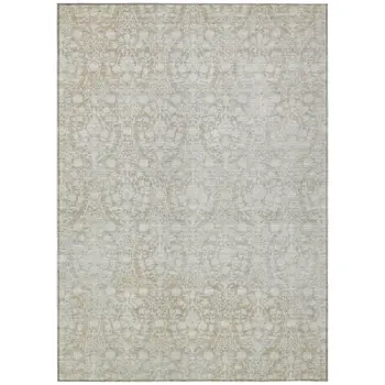 9' X 12' Tan Damask Washable Indoor Outdoor Area Rug