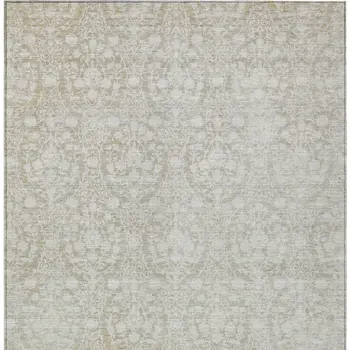 9' X 12' Tan Damask Washable Indoor Outdoor Area Rug