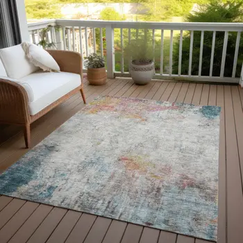 5' X 8' Teal Blue Abstract Washable Indoor Outdoor Area Rug