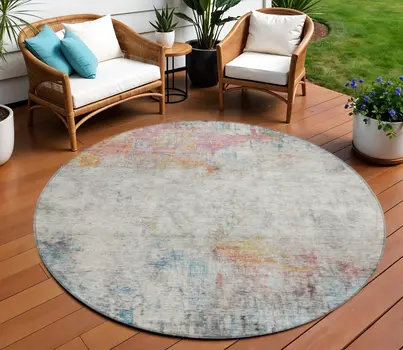 8' Teal Blue Round Abstract Washable Indoor Outdoor Area Rug