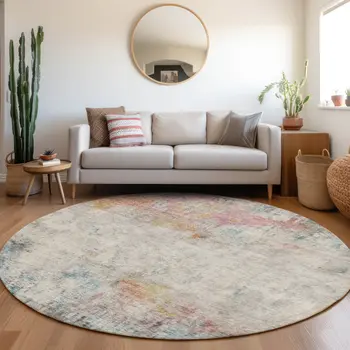 8' Teal Blue Round Abstract Washable Indoor Outdoor Area Rug
