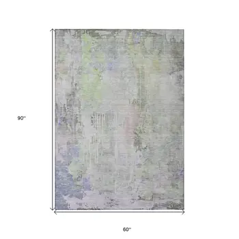 5' X 8' Artichoke Green Abstract Washable Indoor Outdoor Area Rug
