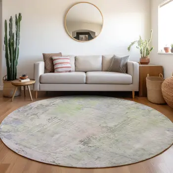 8' Artichoke Green Round Abstract Washable Indoor Outdoor Area Rug