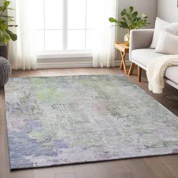9' X 12' Artichoke Green Abstract Washable Indoor Outdoor Area Rug