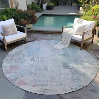 8' Blue Round Abstract Washable Indoor Outdoor Area Rug
