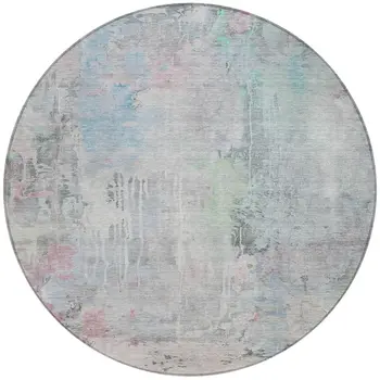 8' Blue Round Abstract Washable Indoor Outdoor Area Rug