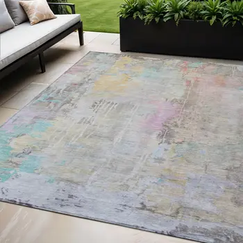 5' X 8' Taupe Abstract Washable Indoor Outdoor Area Rug