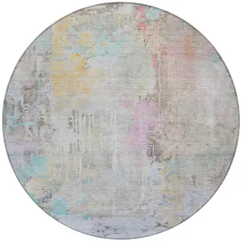 8' Taupe Round Abstract Washable Indoor Outdoor Area Rug