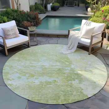 8' Artichoke Green Round Abstract Washable Indoor Outdoor Area Rug