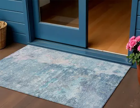 3' X 5' Blue Abstract Washable Indoor Outdoor Area Rug