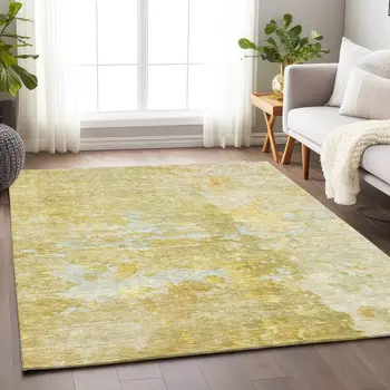 8' X 10' Gold Abstract Washable Indoor Outdoor Area Rug