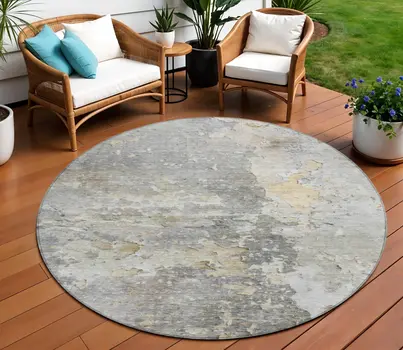 8' Gray Round Abstract Washable Indoor Outdoor Area Rug