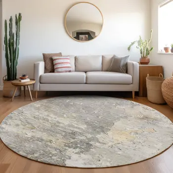 8' Gray Round Abstract Washable Indoor Outdoor Area Rug