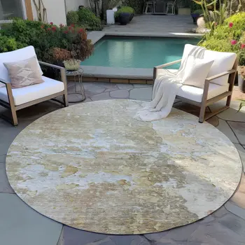 8' Khaki Round Abstract Washable Indoor Outdoor Area Rug