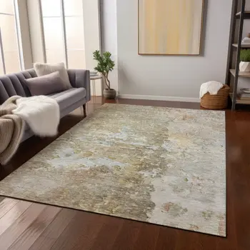10' X 14' Khaki Abstract Washable Indoor Outdoor Area Rug