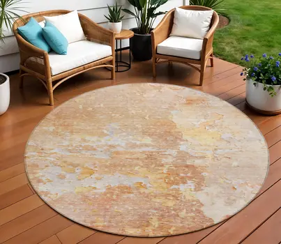 8' Salmon Round Abstract Washable Indoor Outdoor Area Rug
