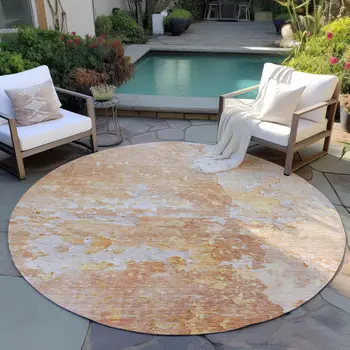 8' Salmon Round Abstract Washable Indoor Outdoor Area Rug