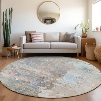 8' Taupe Round Abstract Washable Indoor Outdoor Area Rug