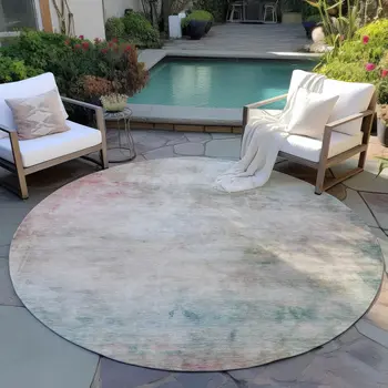 8' Taupe Round Abstract Washable Indoor Outdoor Area Rug