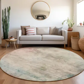 8' Taupe Round Abstract Washable Indoor Outdoor Area Rug