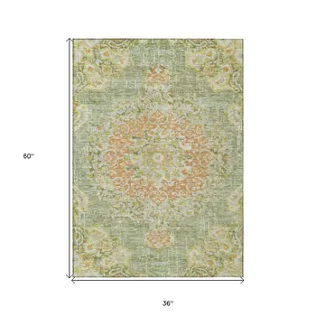 3' X 5' Artichoke Green Floral Medallion Washable Indoor Outdoor Area Rug
