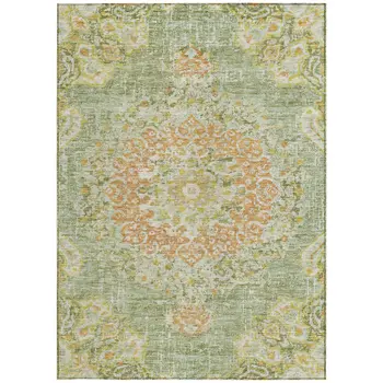 5' X 8' Artichoke Green Floral Medallion Washable Indoor Outdoor Area Rug