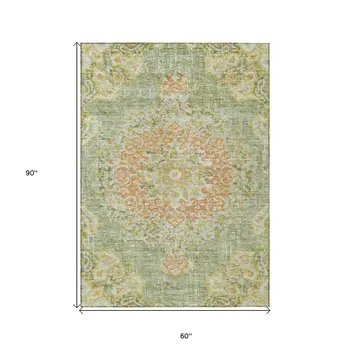 5' X 8' Artichoke Green Floral Medallion Washable Indoor Outdoor Area Rug