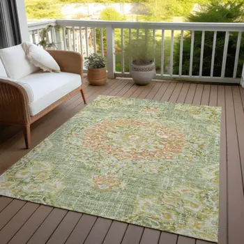 5' X 8' Artichoke Green Floral Medallion Washable Indoor Outdoor Area Rug
