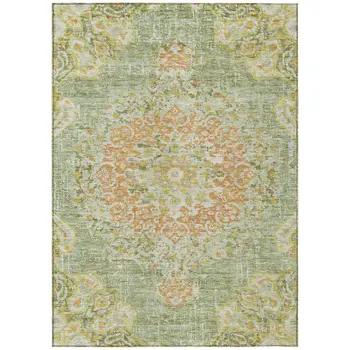 5' X 8' Artichoke Green Floral Medallion Washable Indoor Outdoor Area Rug